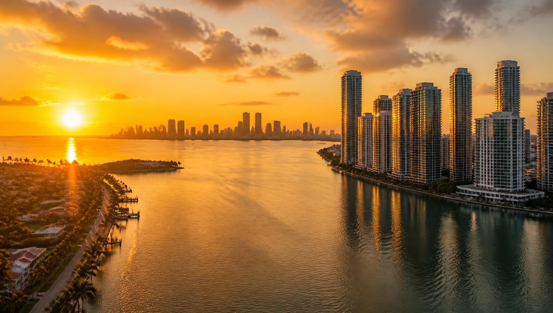 Aerial view of a waterfront city skyline at sunset